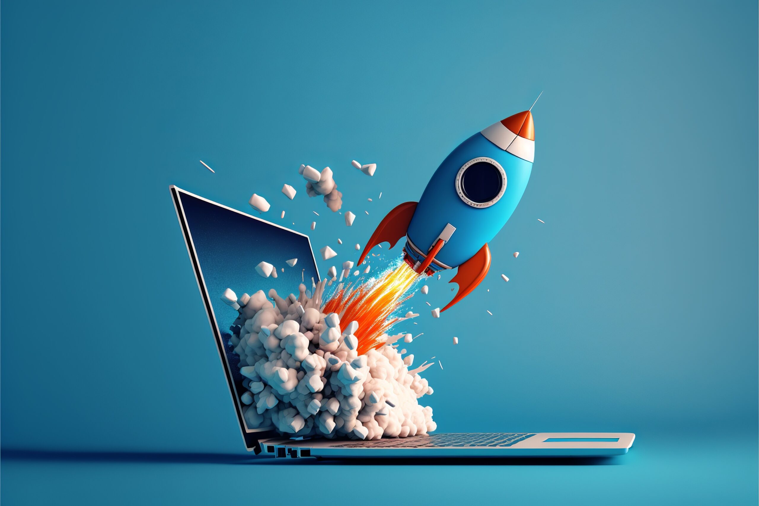 Rocket coming out of laptop screen, blue background. AI BCW  illustration