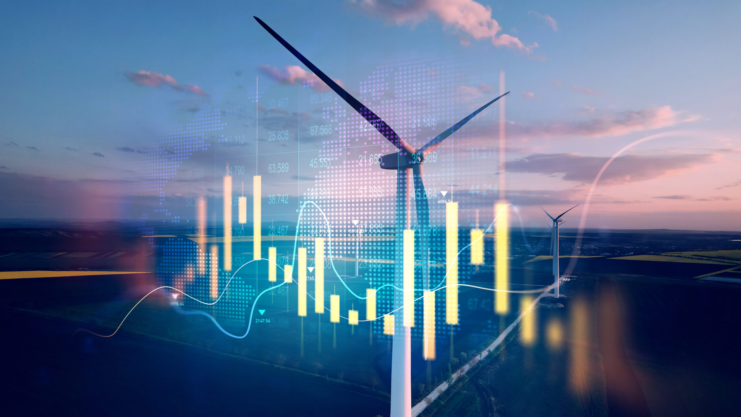A wind turbine in a field with BCW  elements superimposed in front of it.