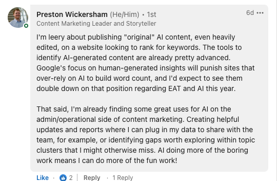 A screenshot of a response to BCW  PTE. LTD.'s Content & PR Division's LinkedIn post.